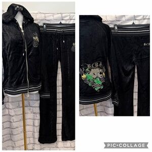BCBG Maxazria:L Women Black Velour Two-Piece Tracksuit with Embellished Patch
